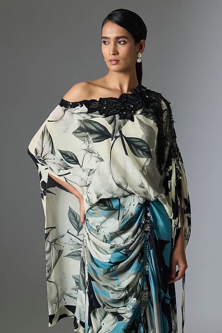 Off-White & Sky Blue Crepe Printed Cocktail Dress by Nupur Kanoi at Pernia's Pop Up Shop