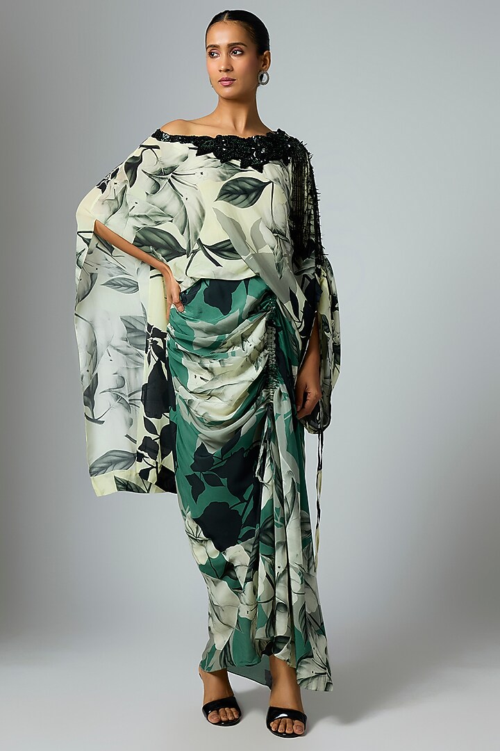Teal & Off-White Crepe Printed Cocktail Dress by Nupur Kanoi at Pernia's Pop Up Shop