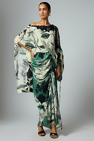 Teal & Off-White Crepe Printed Dress by Nupur Kanoi