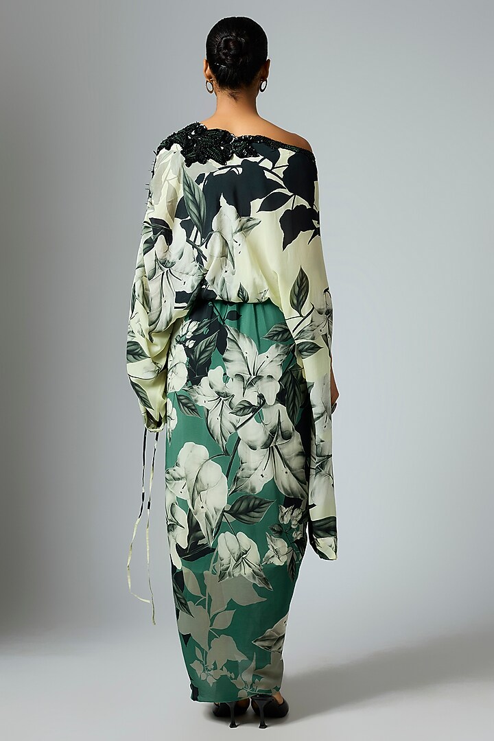 Teal & Off-White Crepe Printed Cocktail Dress by Nupur Kanoi at Pernia's Pop Up Shop