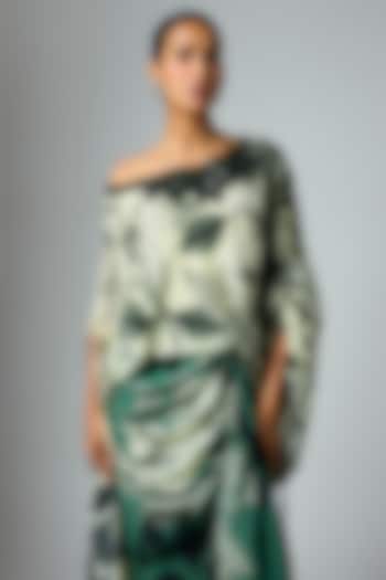 Teal & Off-White Crepe Printed Cocktail Dress by Nupur Kanoi at Pernia's Pop Up Shop
