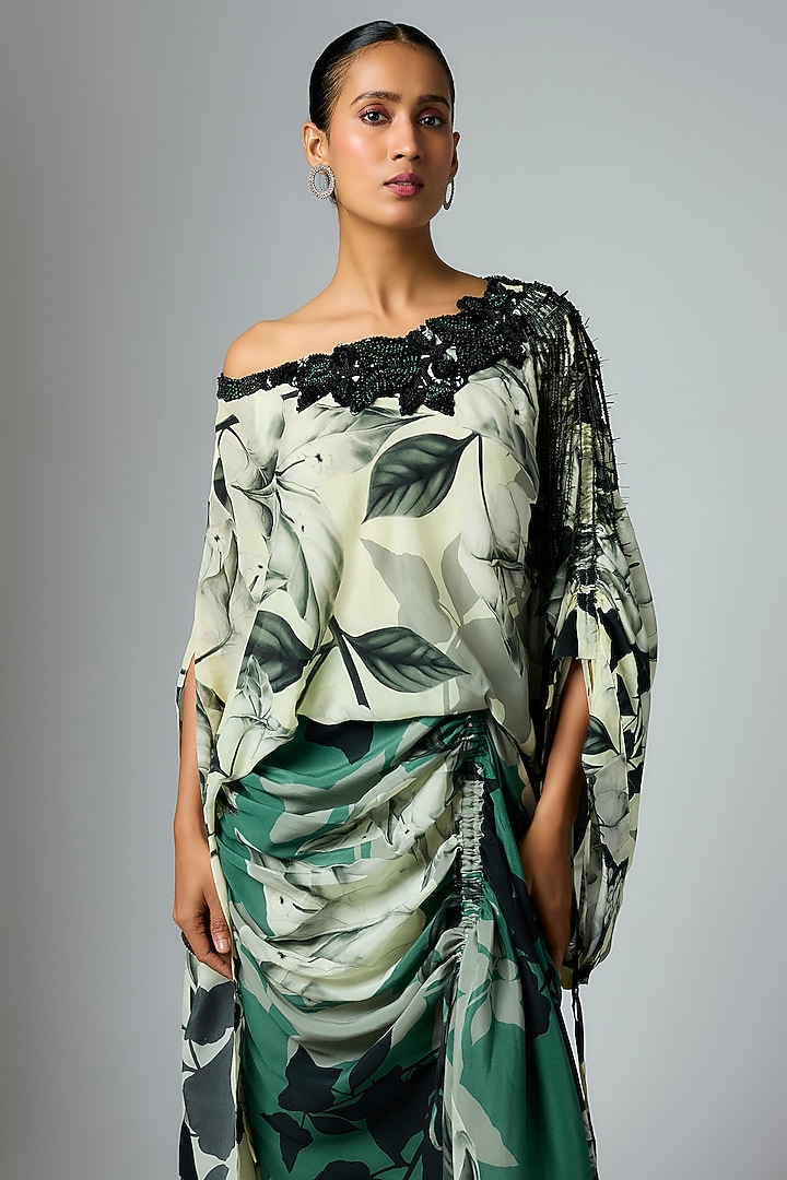 Teal & Off-White Crepe Printed Cocktail Dress by Nupur Kanoi at Pernia's Pop Up Shop