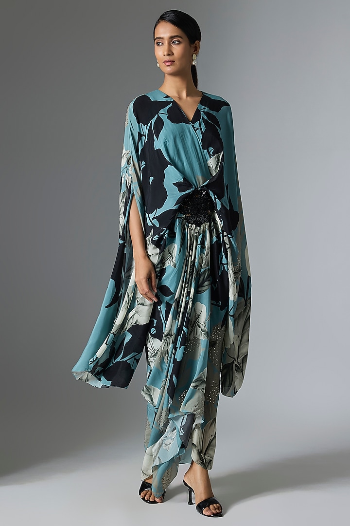 Sky Blue Crepe Printed Kaftan Cocktail Dress by Nupur Kanoi at Pernia's Pop Up Shop