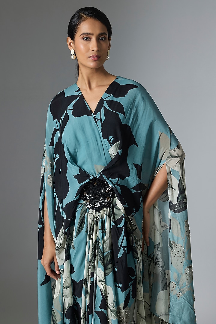 Sky Blue Crepe Printed Kaftan Cocktail Dress by Nupur Kanoi at Pernia's Pop Up Shop