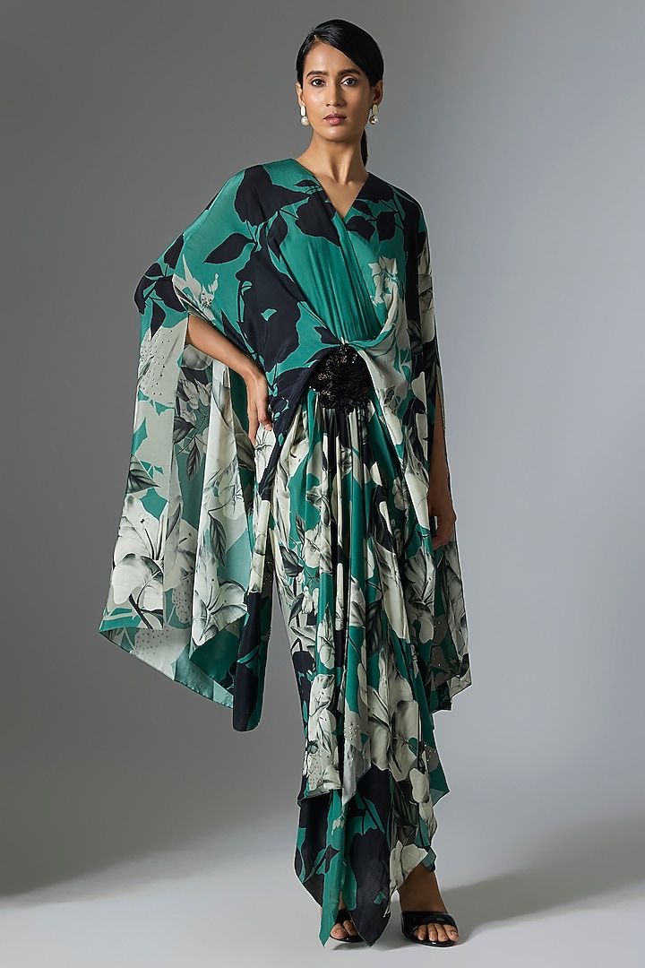 Teal Crepe Printed Kaftan Cocktail Dress by Nupur Kanoi at Pernia's Pop Up Shop