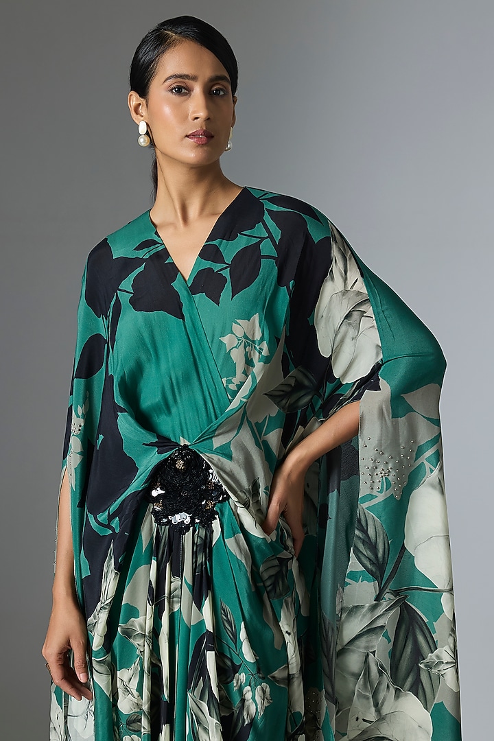Teal Crepe Printed Kaftan Cocktail Dress by Nupur Kanoi at Pernia's Pop Up Shop