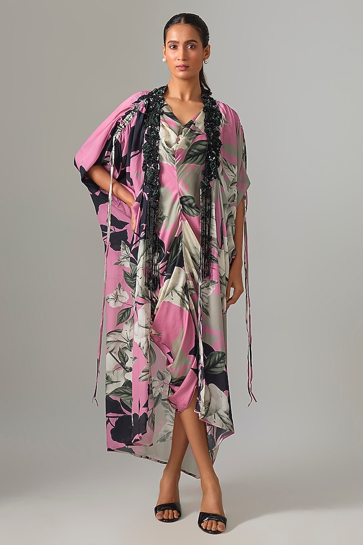 Old Rose Crepe & Satin Printed Jacket Party Wear Dress by Nupur Kanoi at Pernia's Pop Up Shop