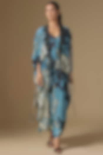 Sky Blue Crepe & Satin Digital Printed Jumpsuit With Jacket by Nupur Kanoi at Pernia's Pop Up Shop