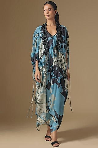 Sky Blue Crepe & Satin Digital Printed Jumpsuit With Jacket by Nupur Kanoi