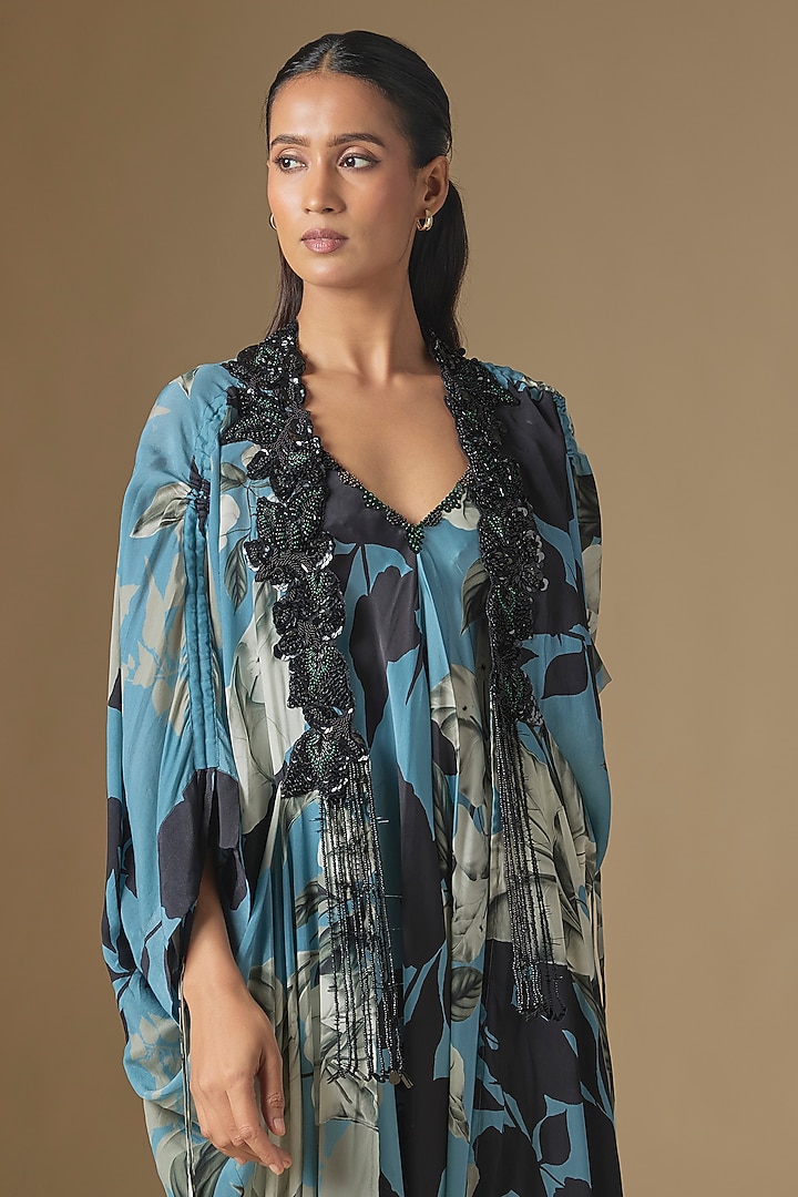 Sky Blue Crepe & Satin Digital Printed Jumpsuit With Jacket by Nupur Kanoi at Pernia's Pop Up Shop