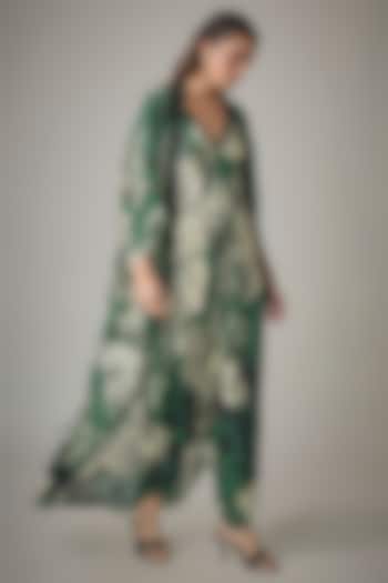 Teal Satin Digital Printed Jumpsuit With Embroidered Cape by Nupur Kanoi at Pernia's Pop Up Shop