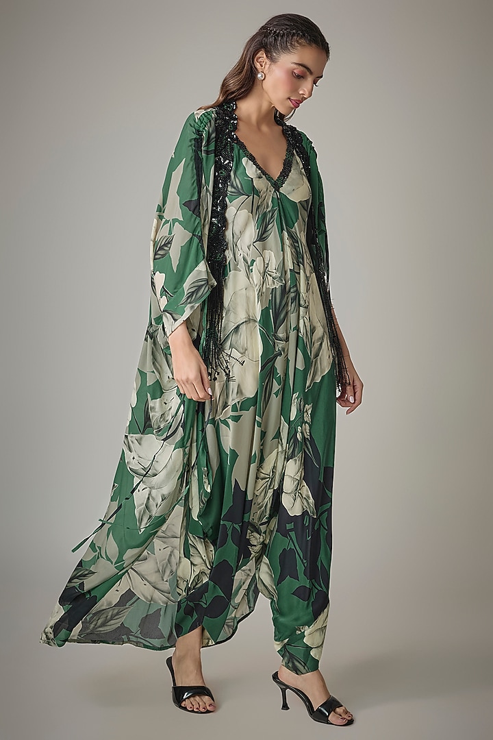 Teal Satin Digital Printed Jumpsuit With Embroidered Cape by Nupur Kanoi at Pernia's Pop Up Shop