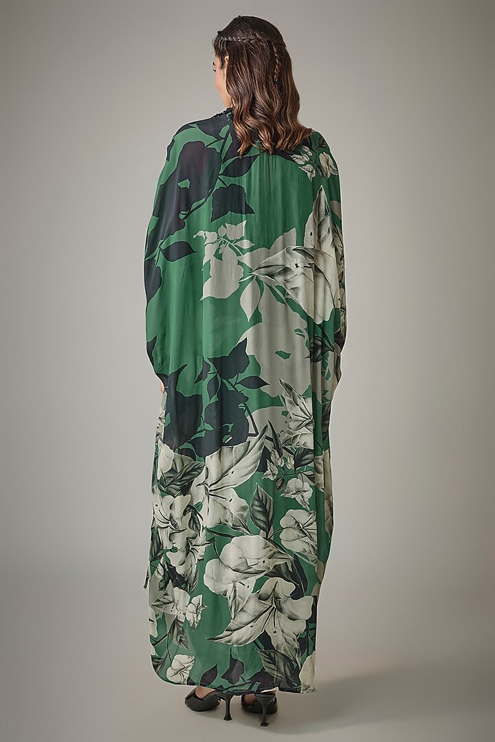Teal Satin Digital Printed Jumpsuit With Embroidered Cape by Nupur Kanoi at Pernia's Pop Up Shop