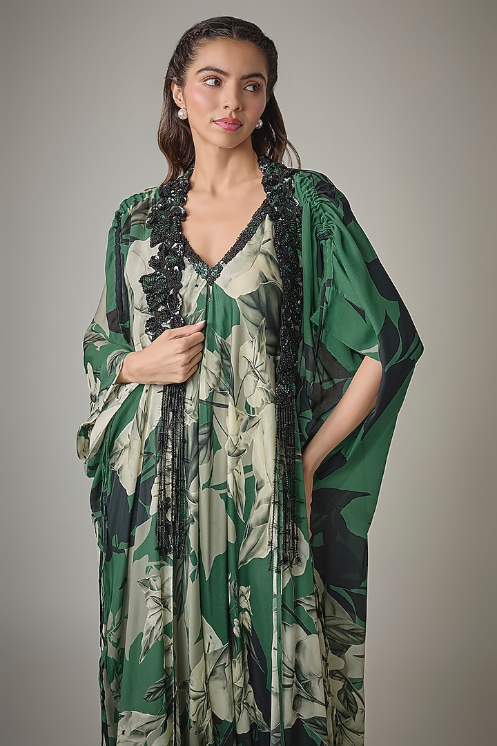 Teal Satin Digital Printed Jumpsuit With Embroidered Cape by Nupur Kanoi at Pernia's Pop Up Shop