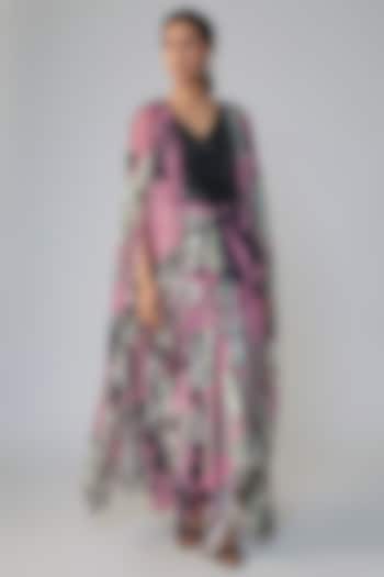 Old Rose & Black Satin Printed Party Wear Dress With Cape by Nupur Kanoi at Pernia's Pop Up Shop