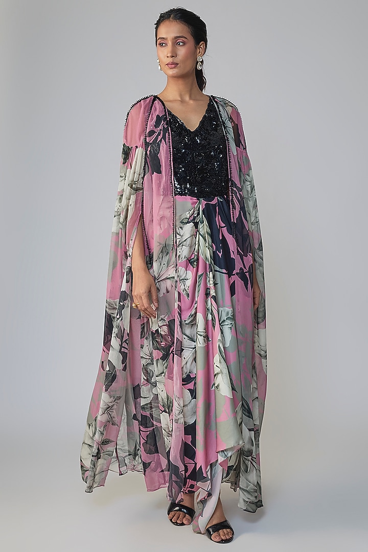 Old Rose & Black Satin Printed Party Wear Dress With Cape by Nupur Kanoi at Pernia's Pop Up Shop