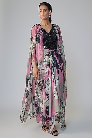 Old Rose & Black Satin Printed Dress With Cape by Nupur Kanoi