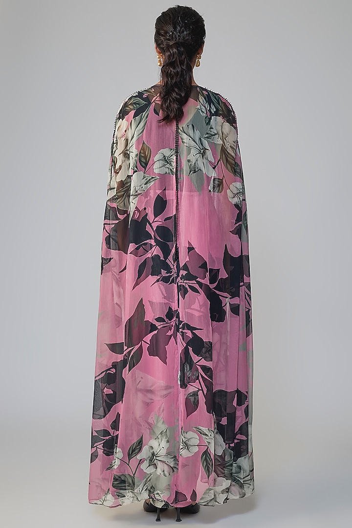 Old Rose & Black Satin Printed Party Wear Dress With Cape by Nupur Kanoi at Pernia's Pop Up Shop