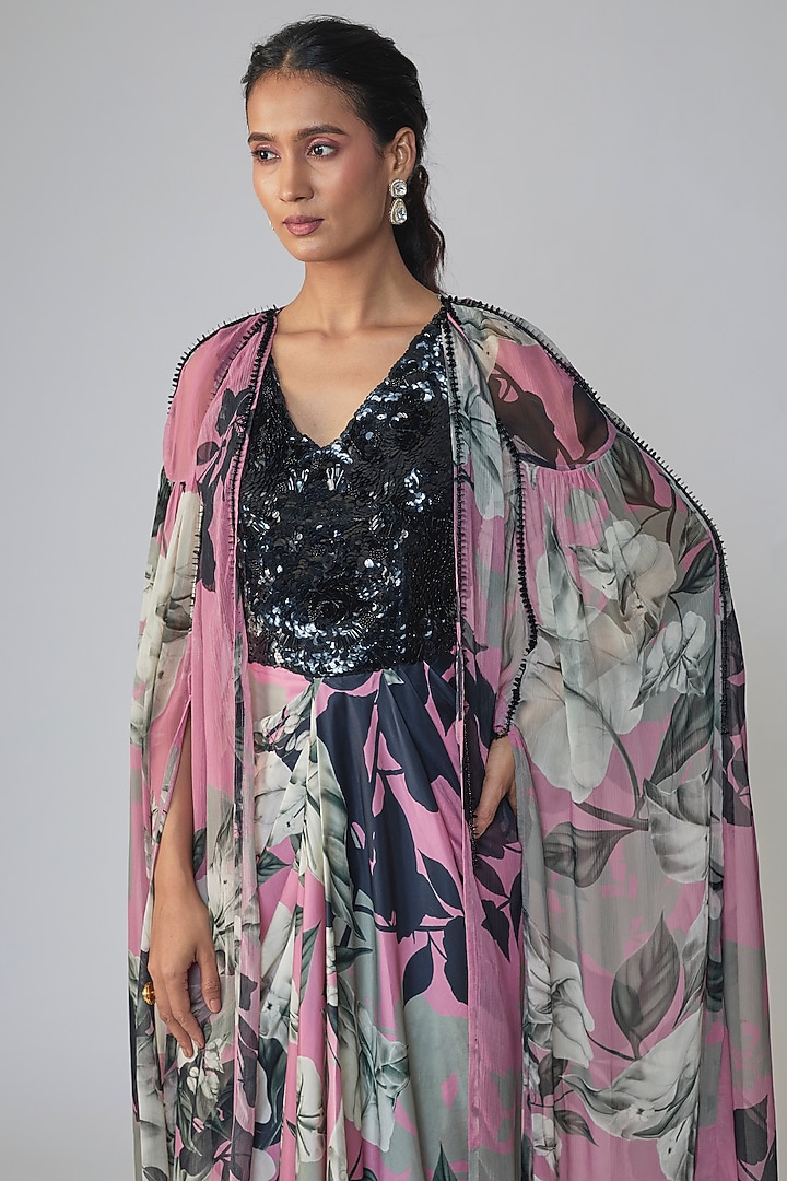 Old Rose & Black Satin Printed Party Wear Dress With Cape by Nupur Kanoi at Pernia's Pop Up Shop