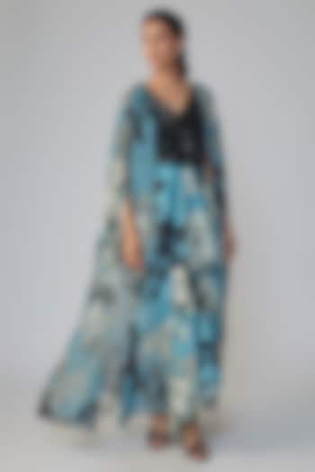 Sky Blue & Black Satin Printed Party Wear Dress With Cape by Nupur Kanoi at Pernia's Pop Up Shop