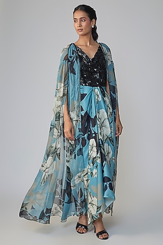 Sky Blue & Black Satin Printed Dress With Cape by Nupur Kanoi