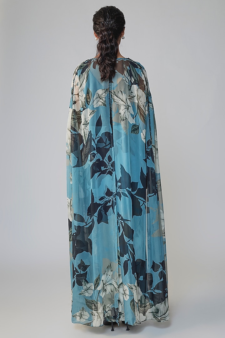 Sky Blue & Black Satin Printed Party Wear Dress With Cape by Nupur Kanoi at Pernia's Pop Up Shop