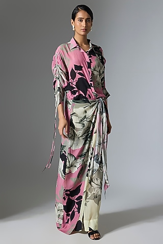 Old Rose & Off white Crepe Printed Knotted Dress by Nupur Kanoi