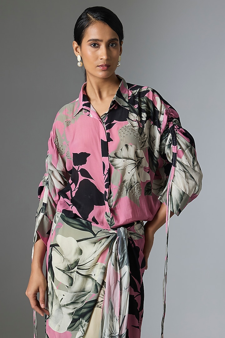 Old Rose & Off white Crepe Printed Knotted Cocktail Dress by Nupur Kanoi at Pernia's Pop Up Shop