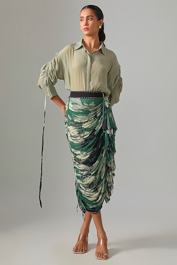 Teal Chiffon Printed Gathered Skirt Set by Nupur Kanoi at Pernia's Pop Up Shop