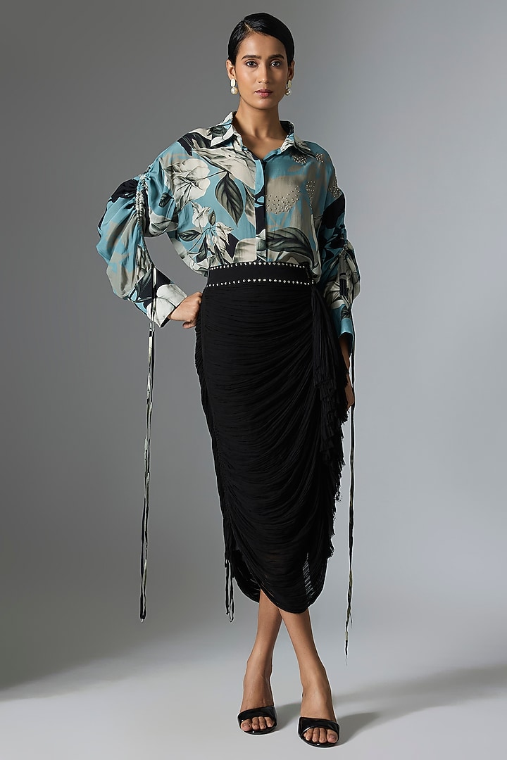 Black Chiffon Frilled Skirt Set by Nupur Kanoi at Pernia's Pop Up Shop