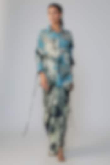 Sky Blue Satin Printed Skirt Set by Nupur Kanoi at Pernia's Pop Up Shop