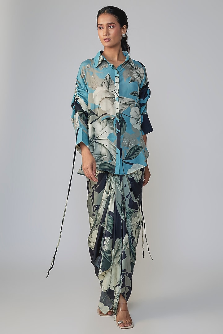 Sky Blue Satin Printed Skirt Set by Nupur Kanoi at Pernia's Pop Up Shop