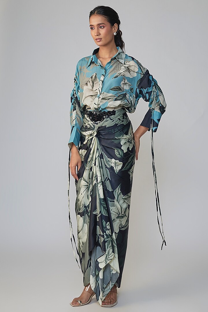 Sky Blue Satin Printed Skirt Set by Nupur Kanoi at Pernia's Pop Up Shop