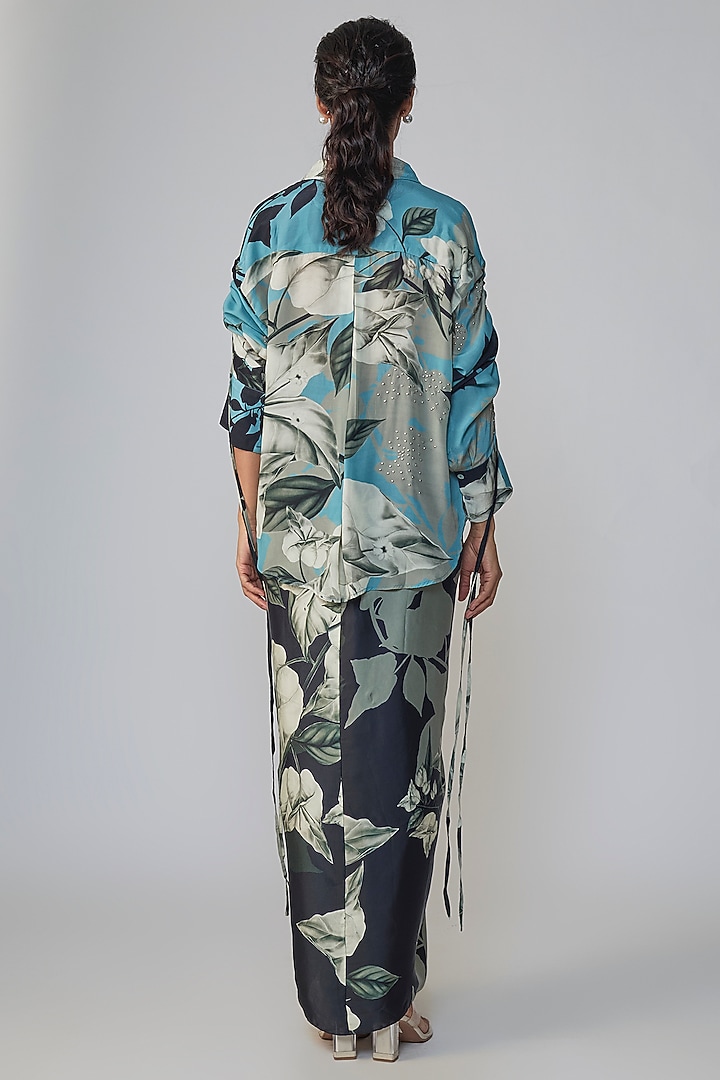 Sky Blue Satin Printed Skirt Set by Nupur Kanoi at Pernia's Pop Up Shop
