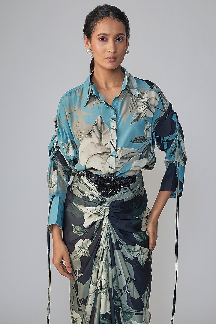 Sky Blue Satin Printed Skirt Set by Nupur Kanoi at Pernia's Pop Up Shop