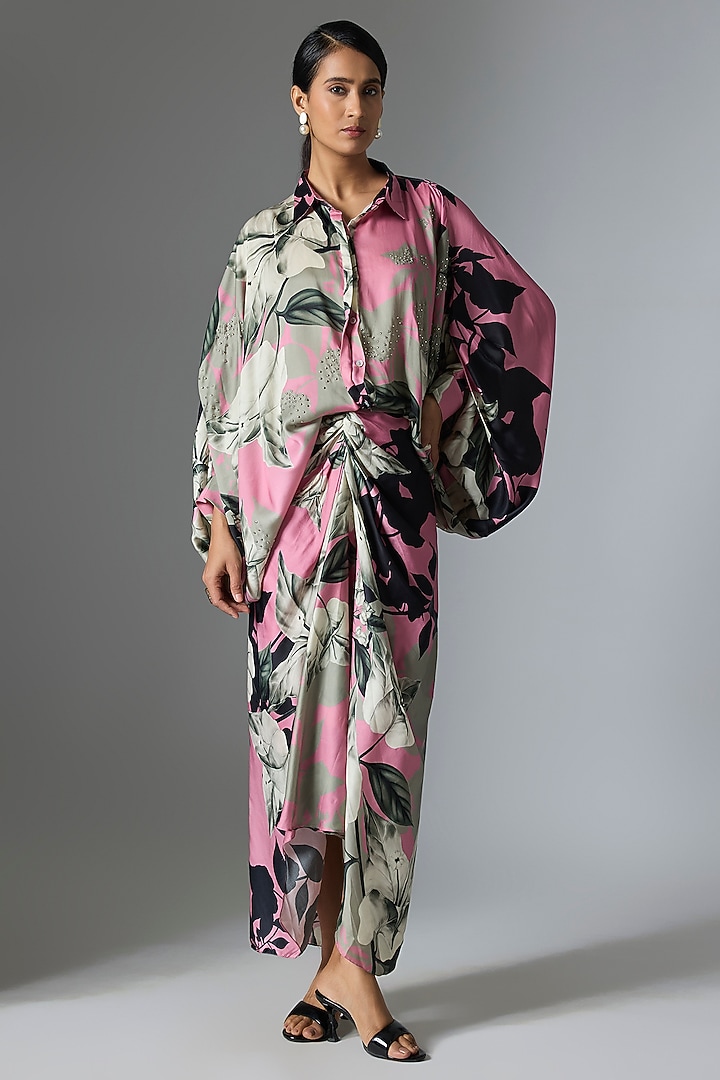 Old Rose Satin Printed Skirt Set by Nupur Kanoi at Pernia's Pop Up Shop