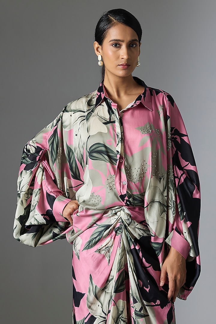 Old Rose Satin Printed Skirt Set by Nupur Kanoi at Pernia's Pop Up Shop