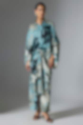 Sky Blue Satin Printed Skirt Set by Nupur Kanoi at Pernia's Pop Up Shop