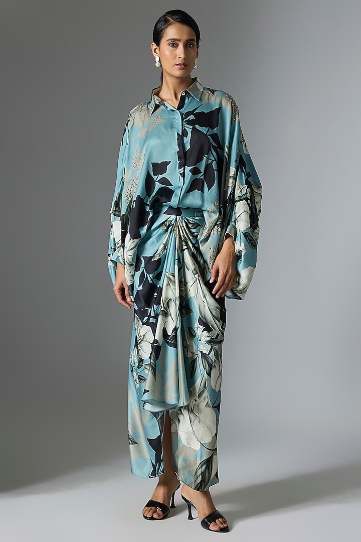 Sky Blue Satin Printed Skirt Set by Nupur Kanoi at Pernia's Pop Up Shop