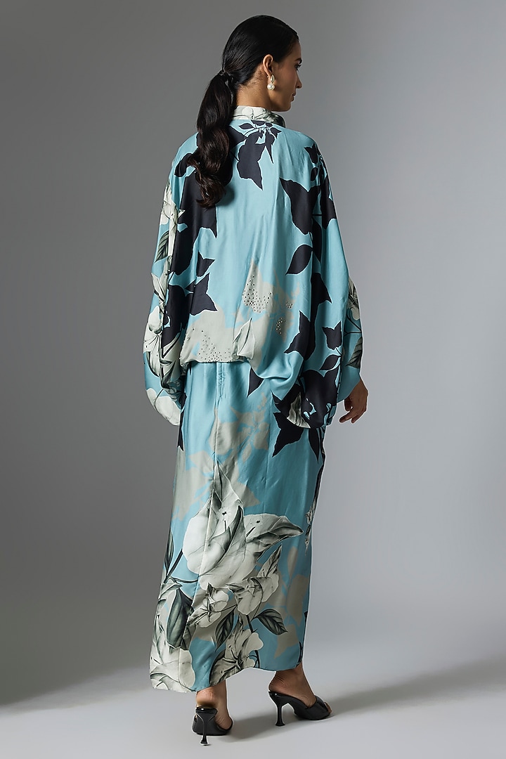Sky Blue Satin Printed Skirt Set by Nupur Kanoi at Pernia's Pop Up Shop
