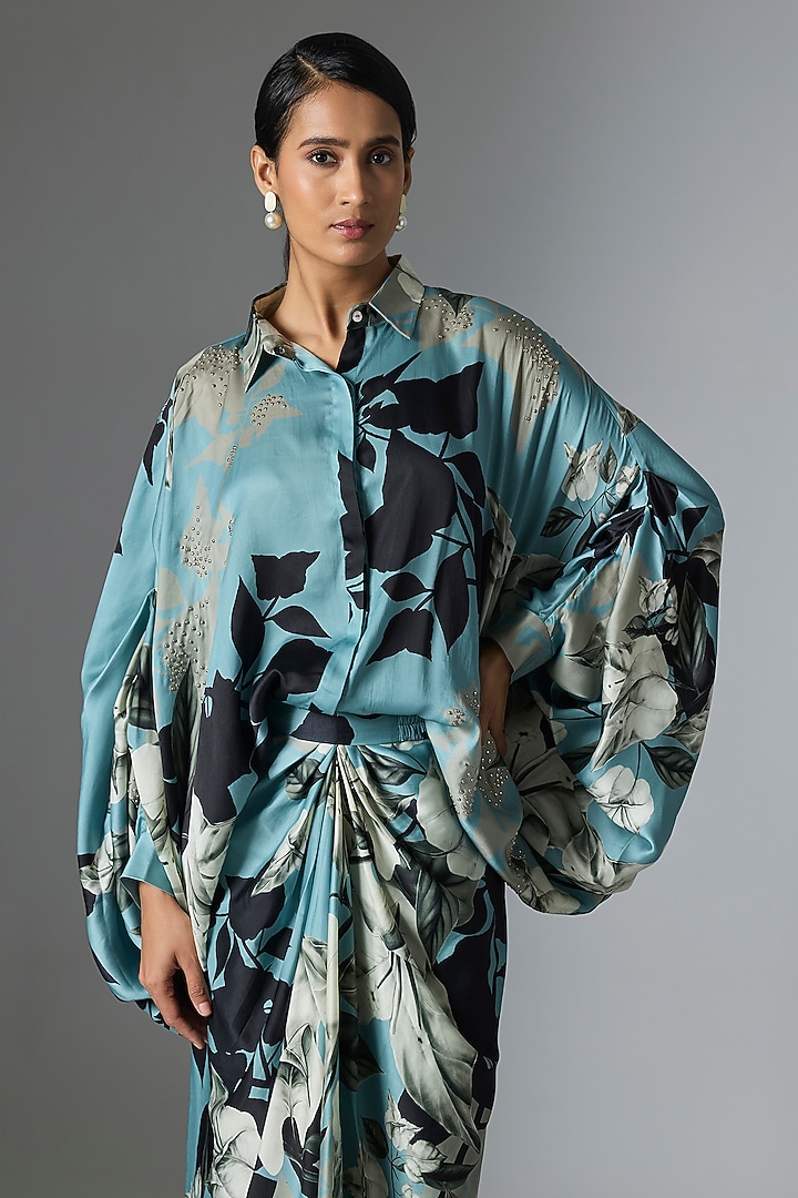 Sky Blue Satin Printed Skirt Set by Nupur Kanoi at Pernia's Pop Up Shop