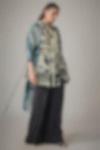 Sky Blue & Off-White Crepe Digital Printed Shirt by Nupur Kanoi at Pernia's Pop Up Shop