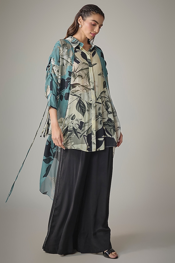 Sky Blue & Off-White Crepe Digital Printed Shirt by Nupur Kanoi at Pernia's Pop Up Shop