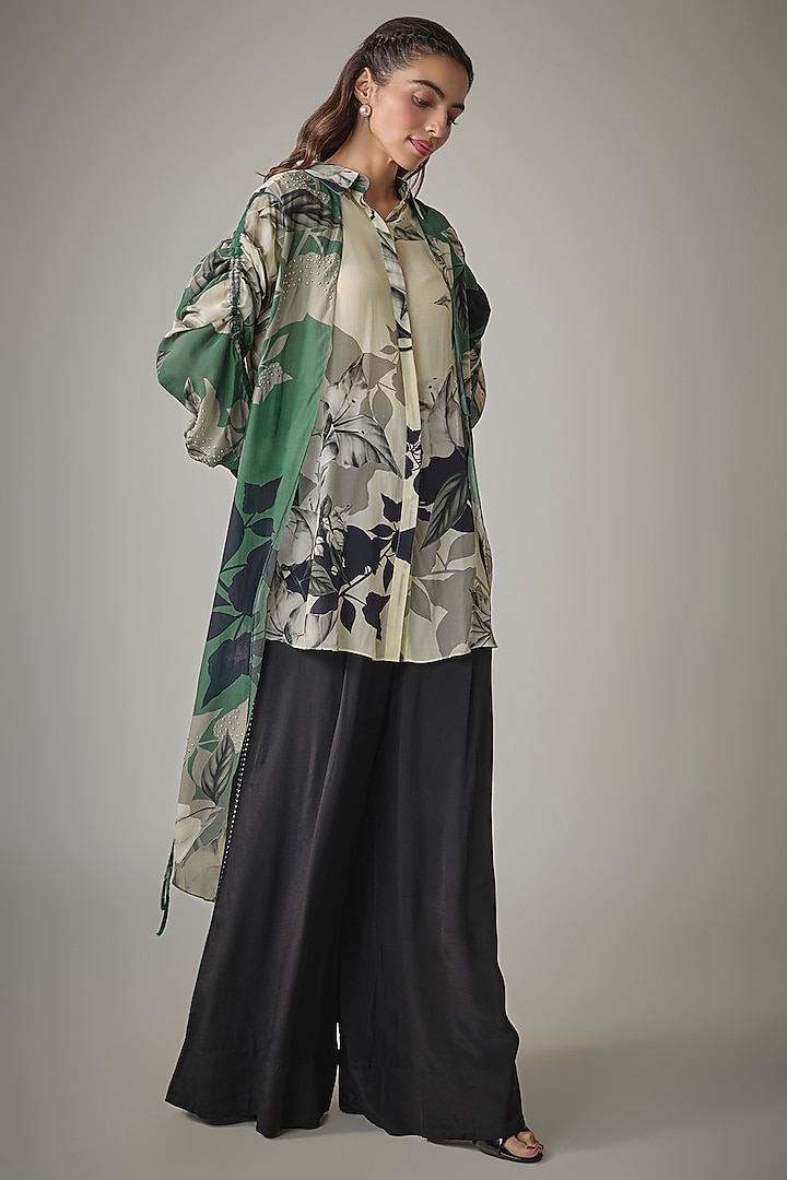 Teal & Off-White Crepe Digital Printed Shirt by Nupur Kanoi at Pernia's Pop Up Shop