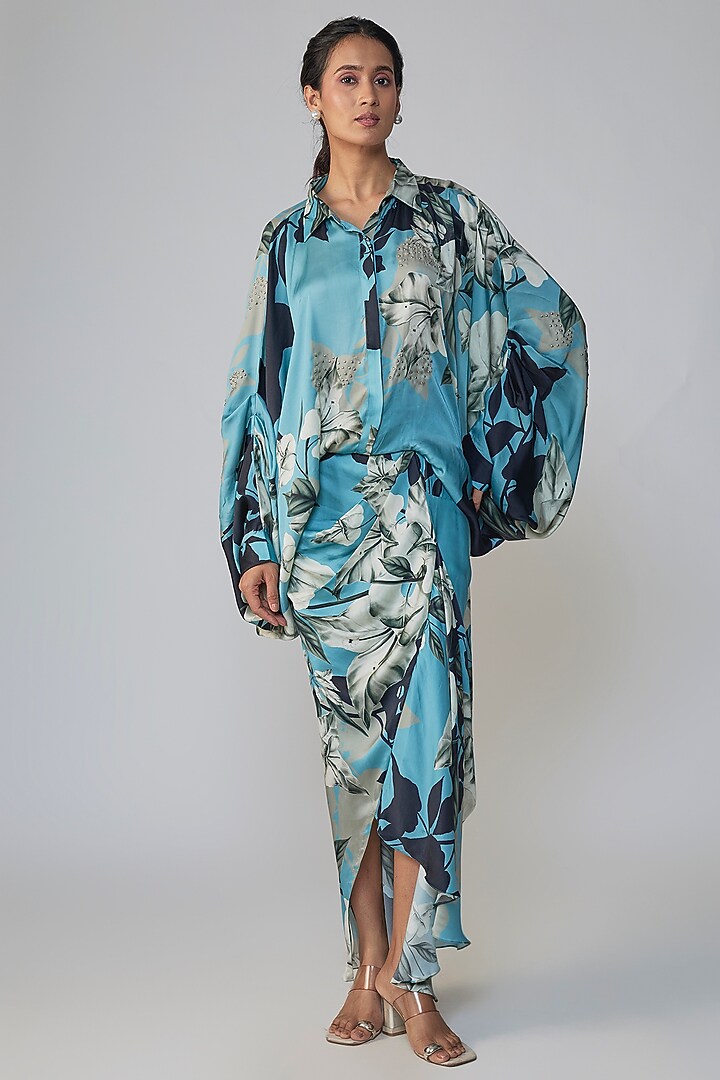 Sky Blue Crepe Printed Shirt by Nupur Kanoi at Pernia's Pop Up Shop