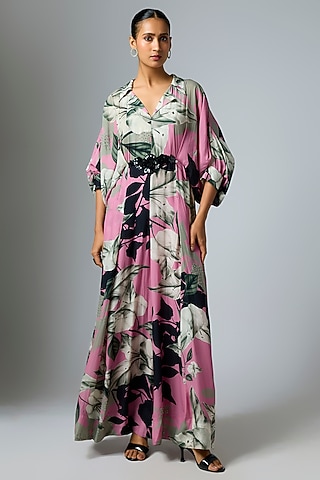 Old Rose Crepe Printed Kimono Jumpsuit by Nupur Kanoi