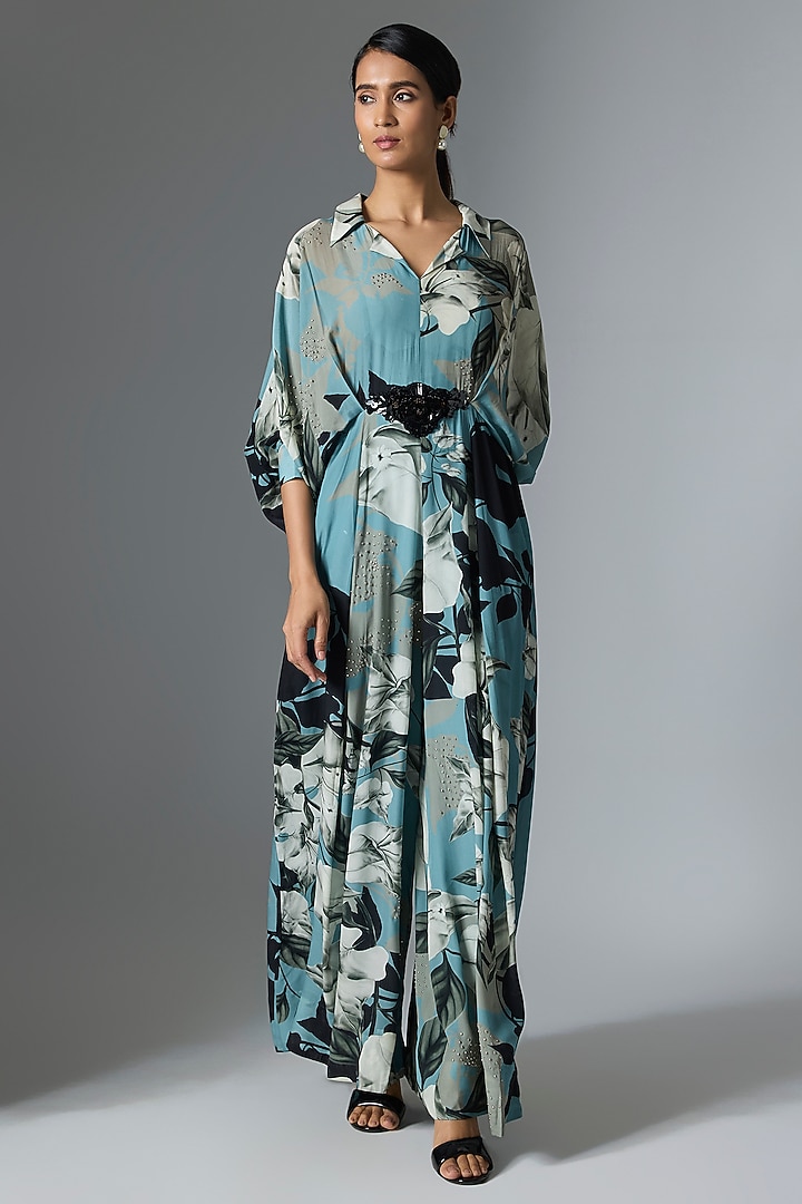 Sky Blue Crepe Printed Jumpsuit by Nupur Kanoi at Pernia's Pop Up Shop