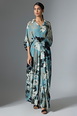 Sky Blue Crepe Printed Jumpsuit by Nupur Kanoi