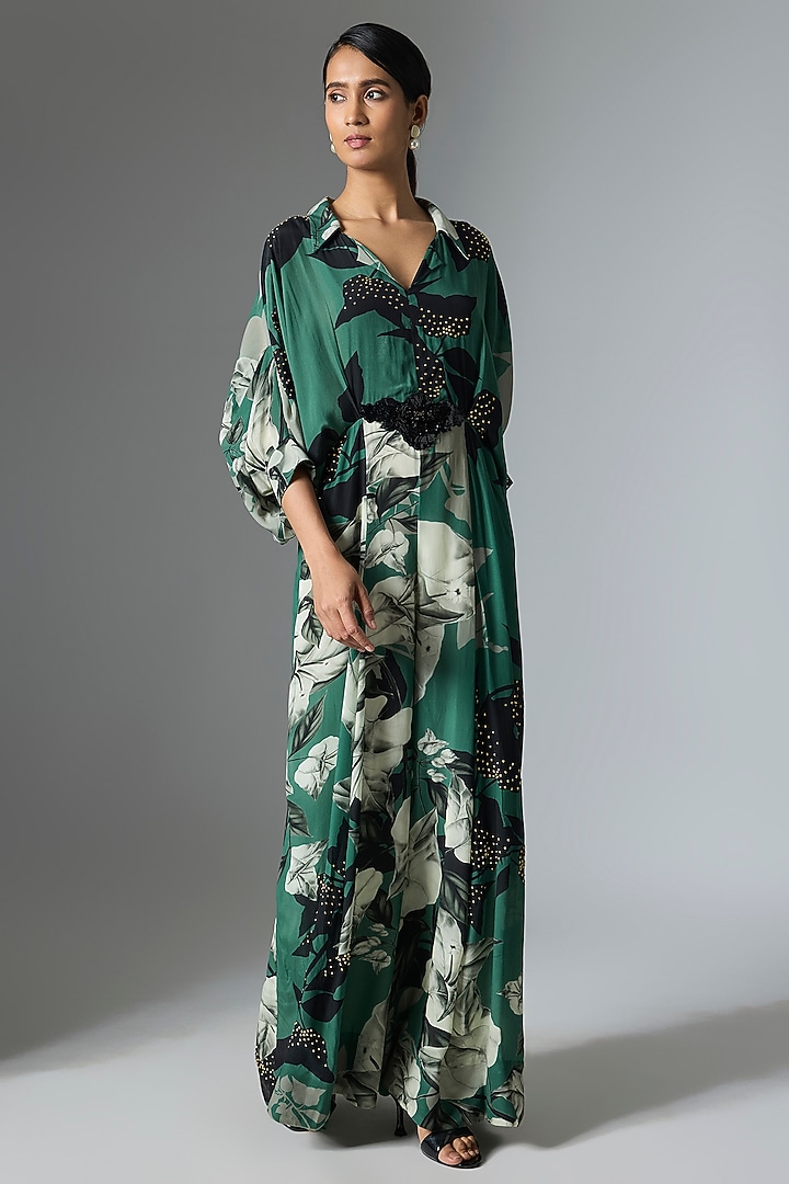 Teal Crepe Printed Jumpsuit by Nupur Kanoi at Pernia's Pop Up Shop