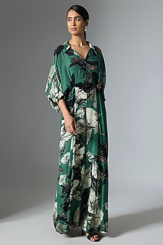 Teal Crepe Printed Jumpsuit by Nupur Kanoi